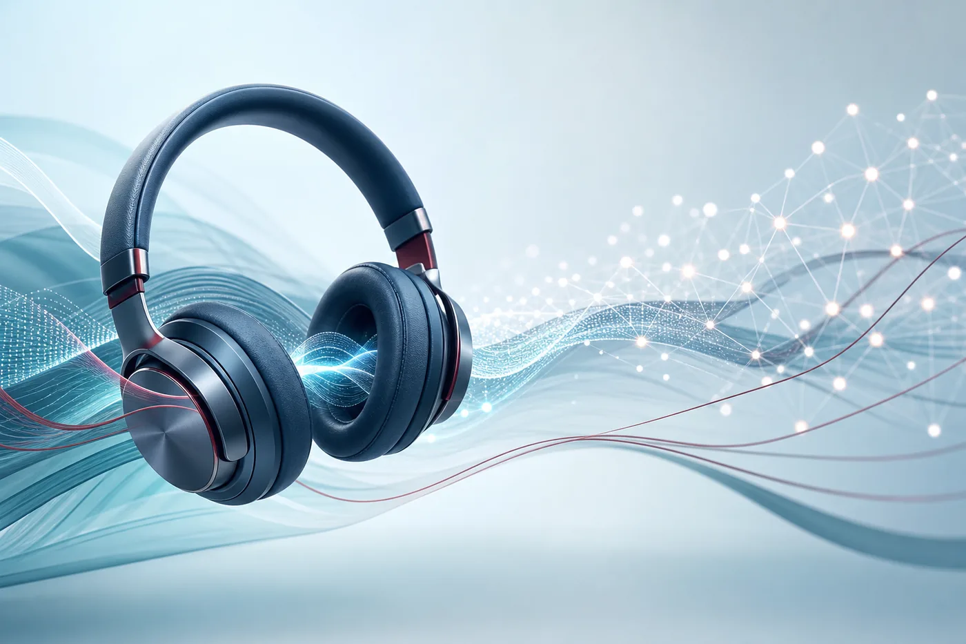 Abstract headphones and layered sound waves illustrating a digital listening session