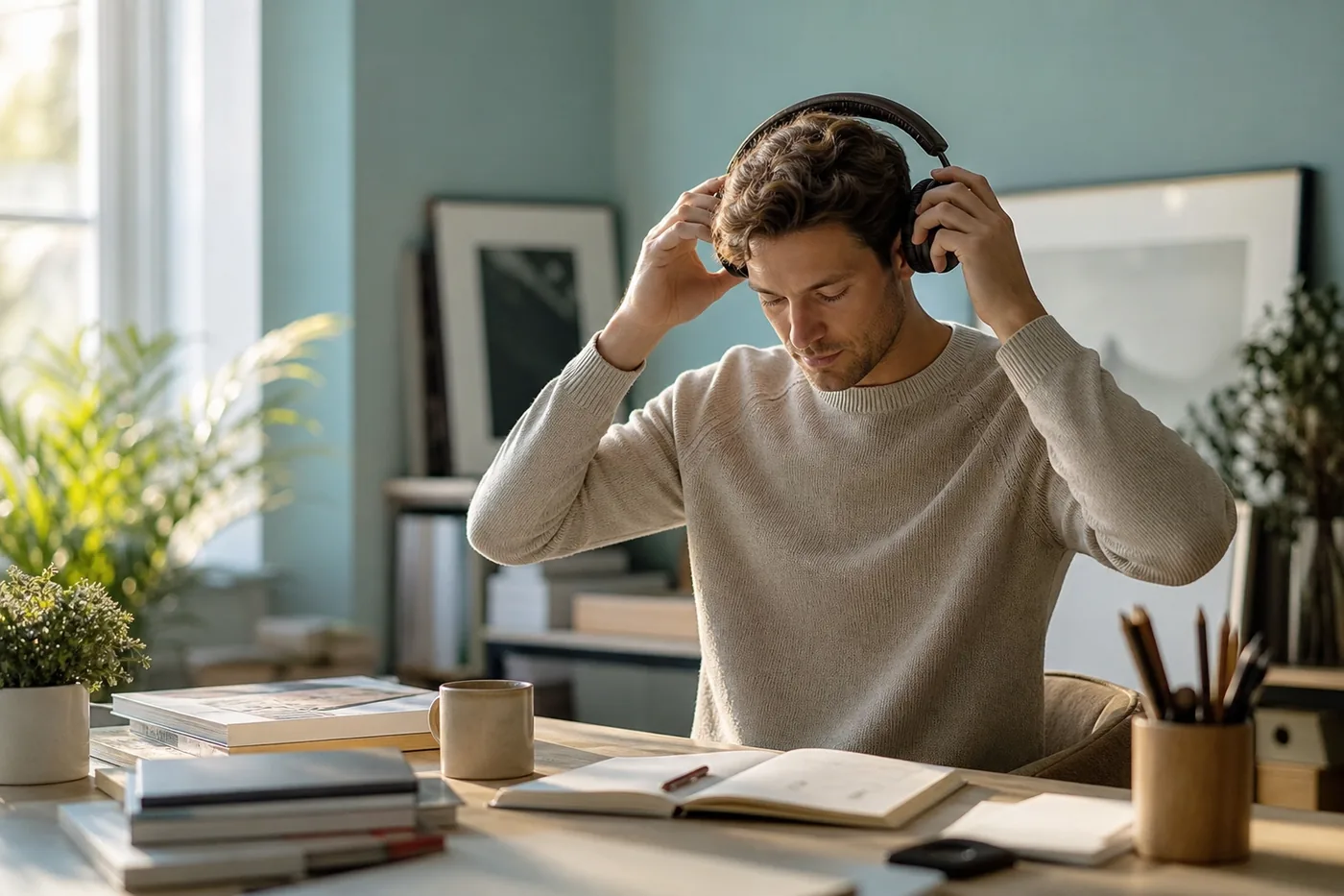 Listener finishing a short audio session and beginning a focused task at a bright desk