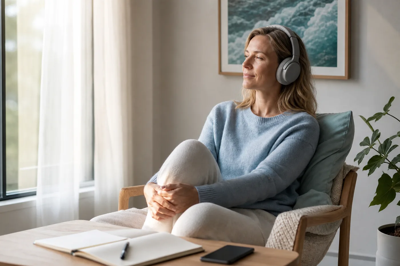 Listener using headphones beside a notebook during a quiet morning routine